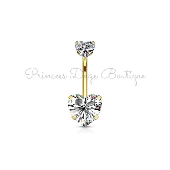 Gold Double Heart Zircon Belly Button‎ Ring - Picture 1 of 1